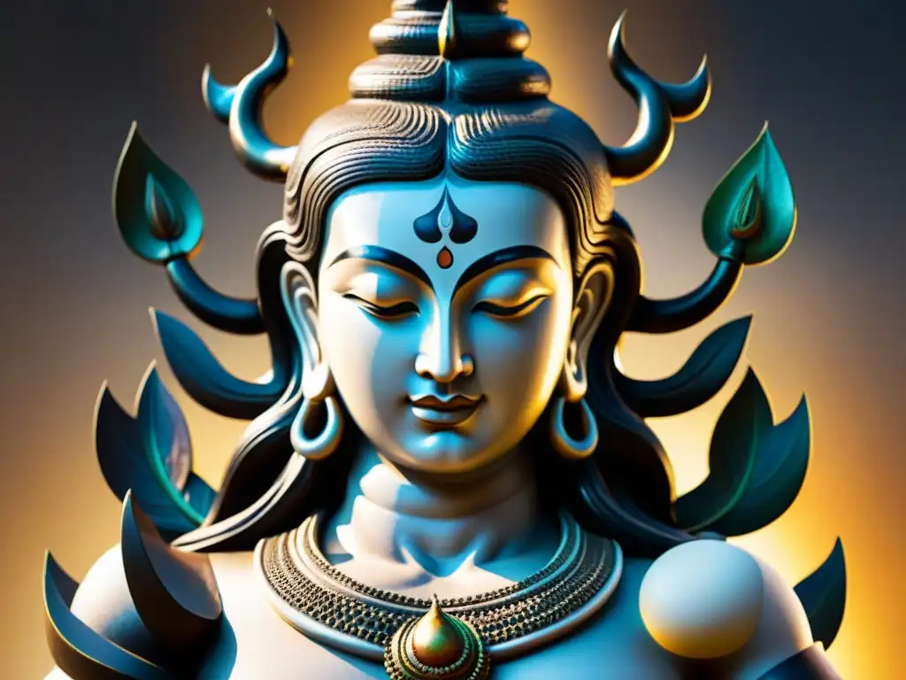 Una escultura moderna de Shiva, con detalles delicados y expresión serena, reflejando la inspiración hindú