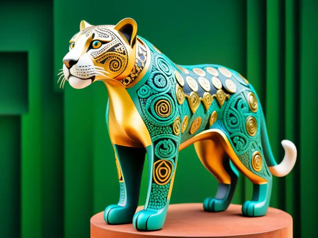 Escultura de jaguar en mosaico dorado y turquesa, rodeada de selva verde