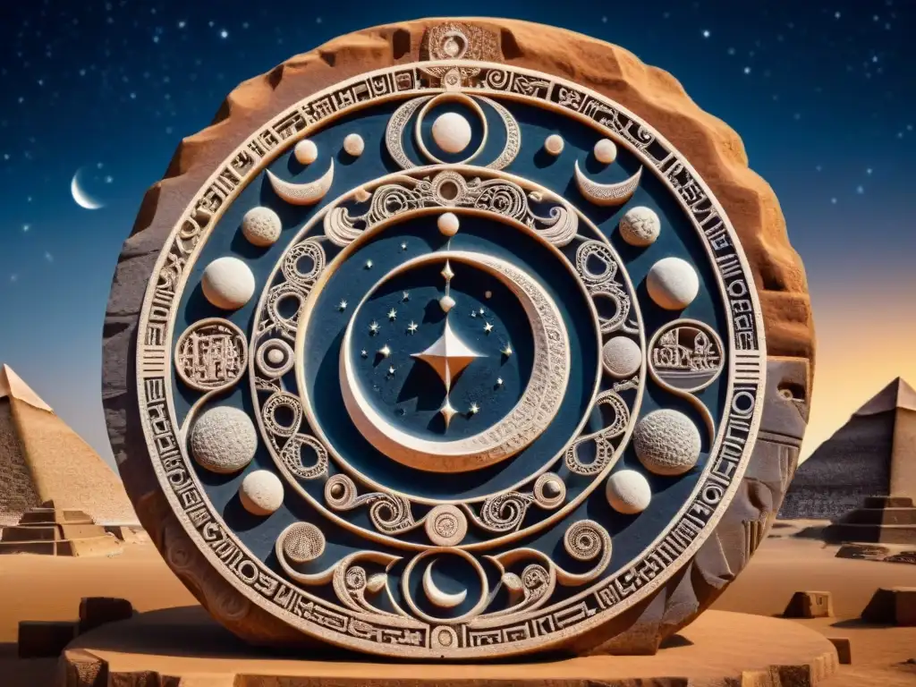 Escultura antigua detallada: fases de la luna Escultura de piedra detallada de una civilización antigua, representando el calendario lunar