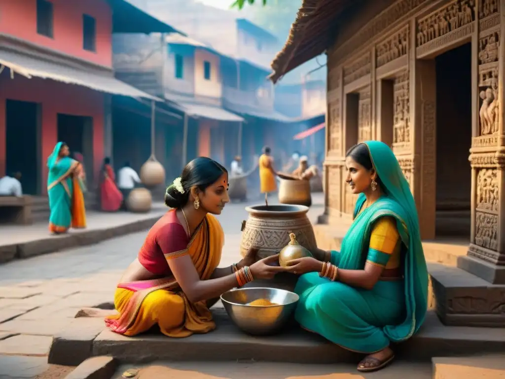 Escultura de piedra detallada mostrando mujeres en la vida diaria en la India Antigua, con mercado bullicioso y arquitectura ornamental