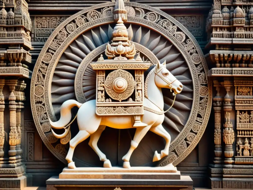 La escultura de piedra detalladamente tallada del Templo del Sol Konark Misterios, iluminada por el sol, muestra el carro del dios Surya en movimiento