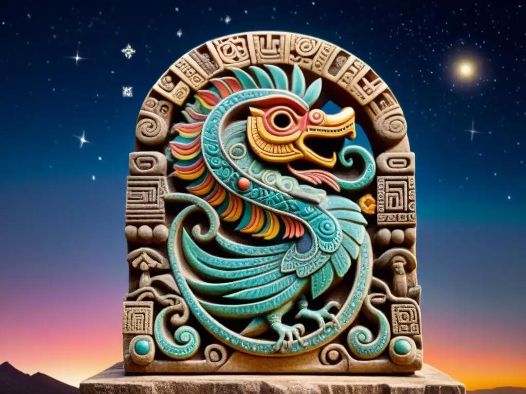 Escultura de Quetzalcóatl astrología mundo prehispánico en vibrantes colores sobre cielo estrellado