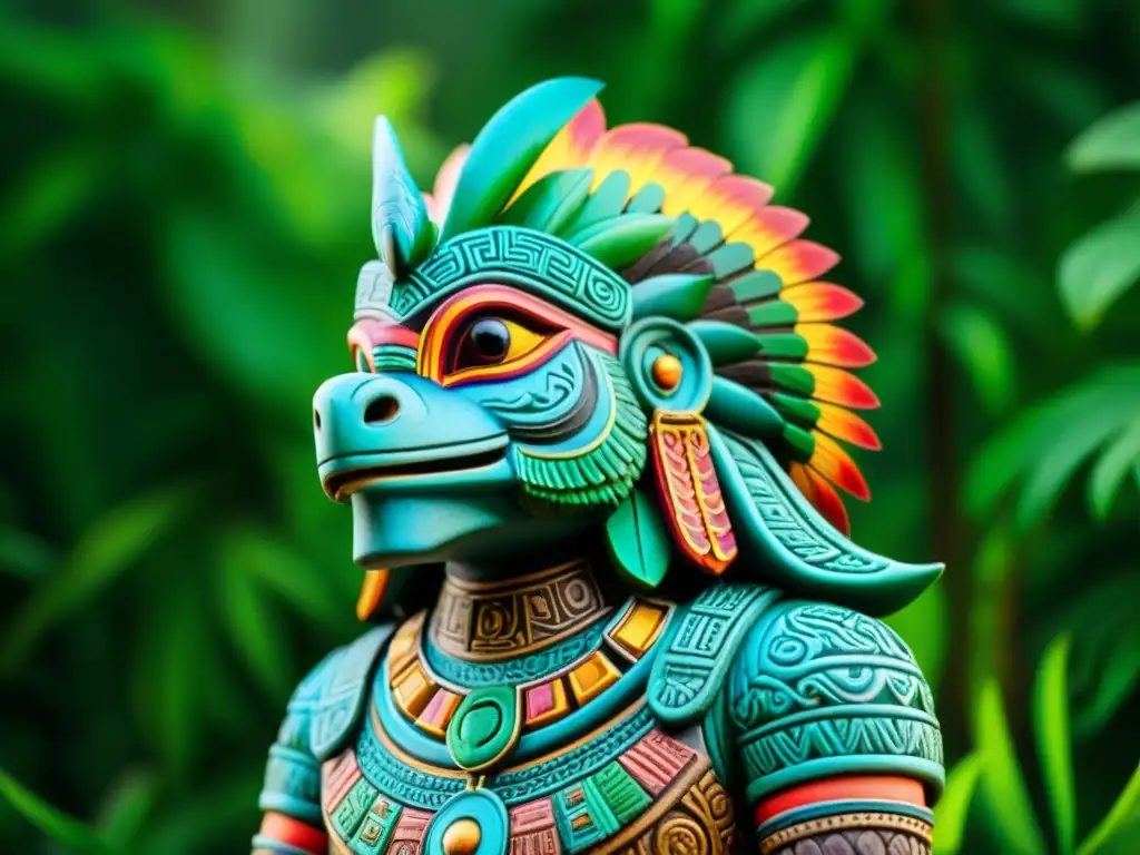 Escultura de Quetzalcóatl en colores vibrantes y detalladas plumas, rodeado de jungla y templos antiguos