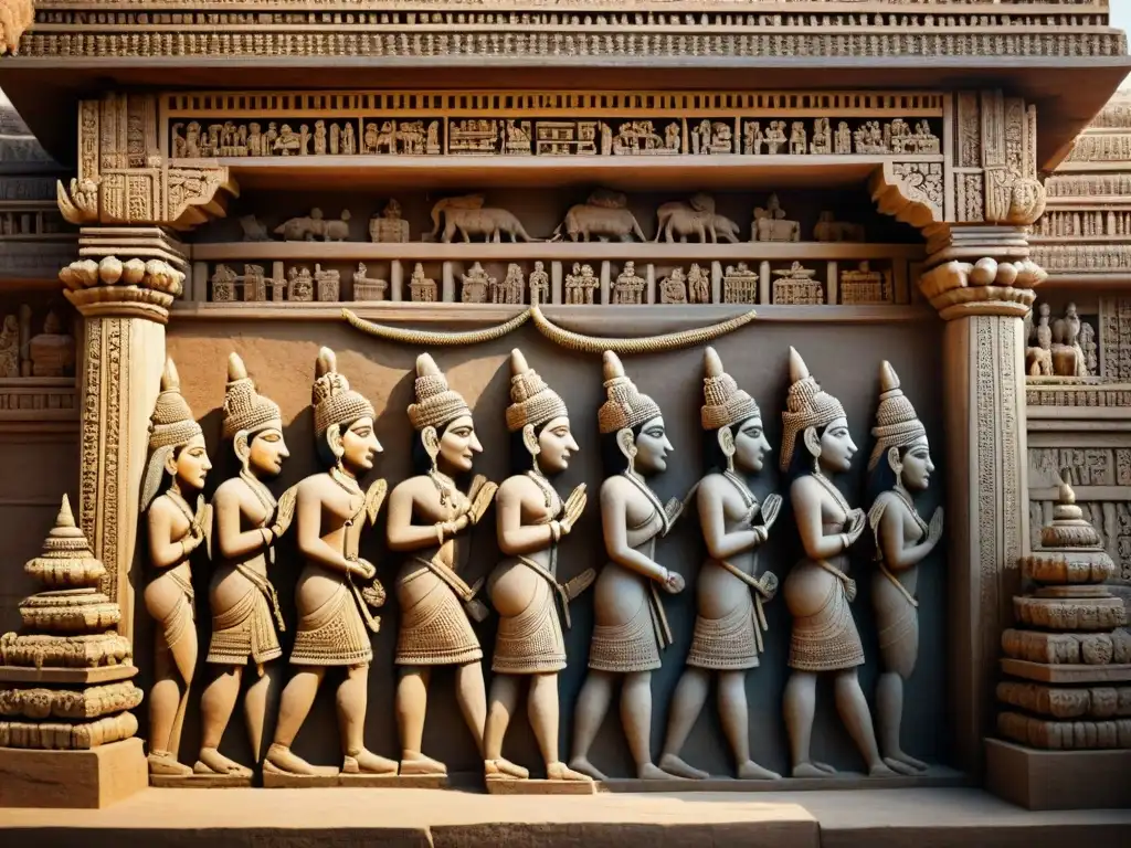 Escultura en relieve en templo antiguo de India representa escenas de vida diaria y valores éticos en las Leyes de Manu