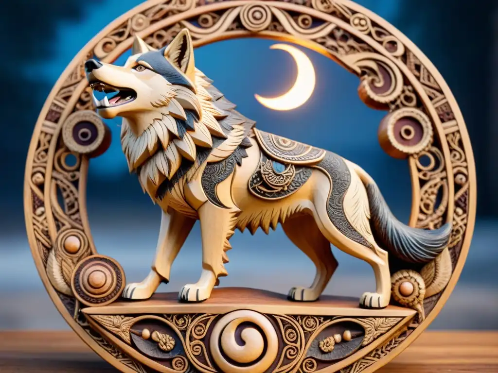 Escultura tallada a mano de los lobos celestiales Sköll y Hati persiguiendo el sol y la luna en un eclipse