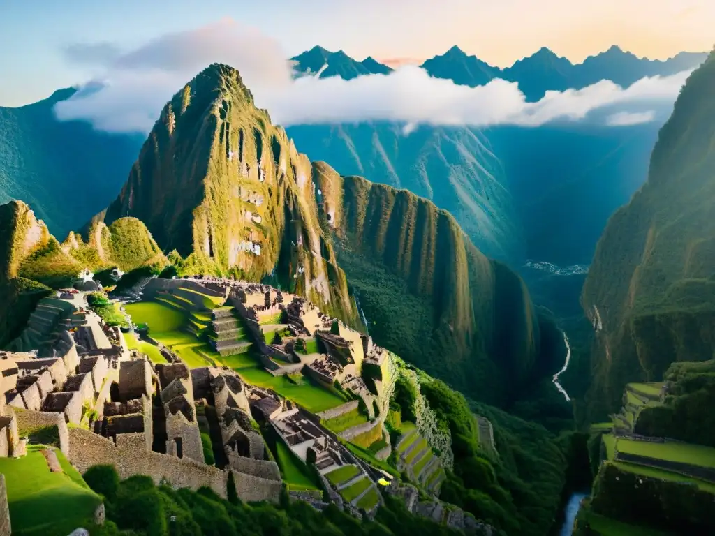 Esencia espiritual: amanecer místico sobre Machu Picchu, ruinas antiguas envueltas en neblina, río sereno refleja colores del cielo