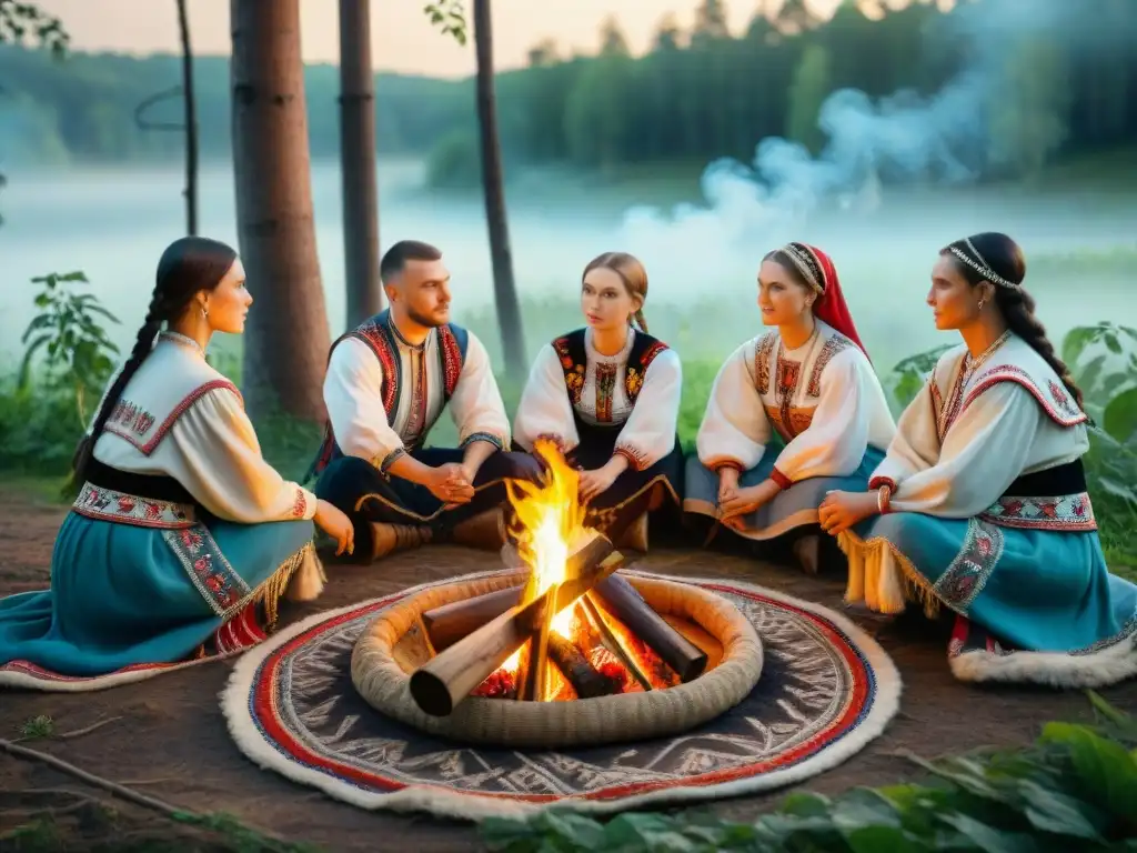 Celebración eslava en el bosque con música, bordados y comunidad