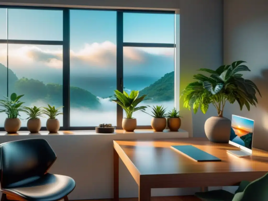 Espacio digital con Feng Shui: área de trabajo minimalista bañada en luz natural, con elementos que fomentan equilibrio y tranquilidad