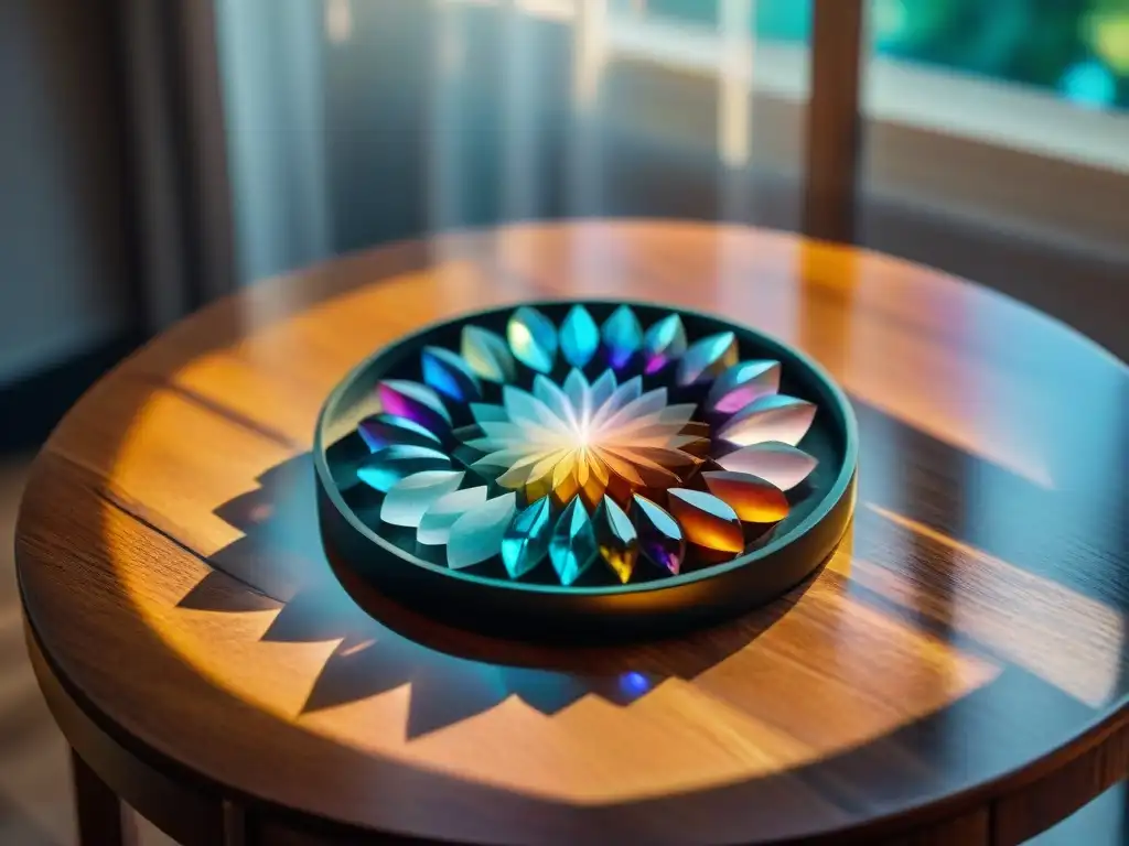 Un espacio sagrado con cristales radiantes dispuestos en un patrón circular sobre una mesa de madera, iluminados por luz suave y arcoíris sutil