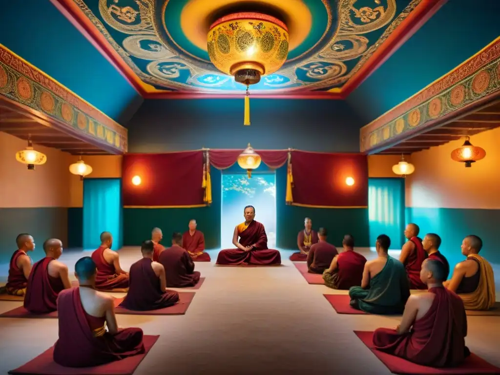 Un espacio sagrado: monjes tibetanos en profunda meditación con mandalas y lámparas de mantequilla