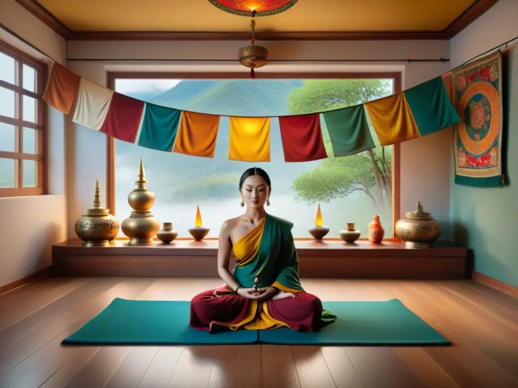 Espacio de meditación tibetano con tesoros budistas en decoración tibetana