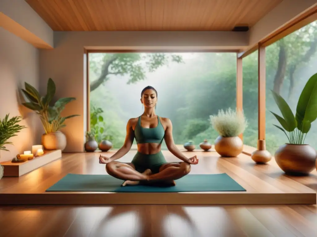 Espacio de yoga sereno con integración Ayurveda Yoga en tonos naturales y luz suave, invita a armonía y bienestar