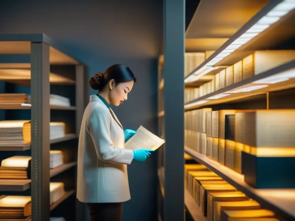 Especialista en conservación de documentos históricos escaneando con tecnología avanzada en sala de archivos iluminada