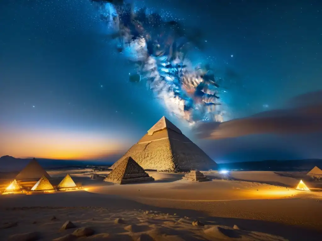 Espectacular alineación celestial sobre las Pirámides de Giza, resaltando el legado astronómico de Egipto