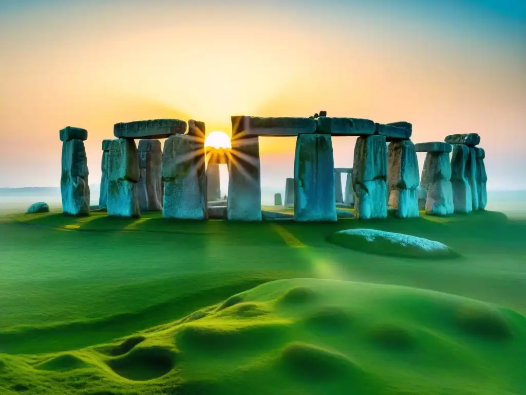 Espectacular atardecer sobre Stonehenge, piedras antiguas silueteadas en un cielo colorido