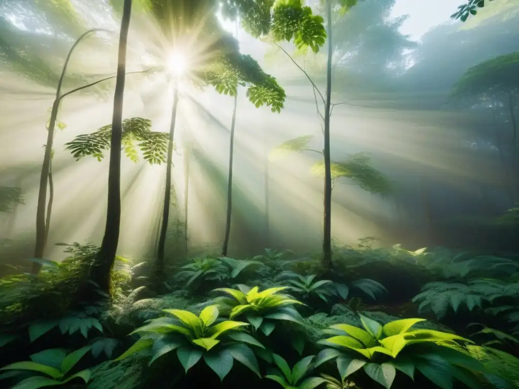 Espectacular danza de luz solar entre el frondoso dosel de un bosque antiguo