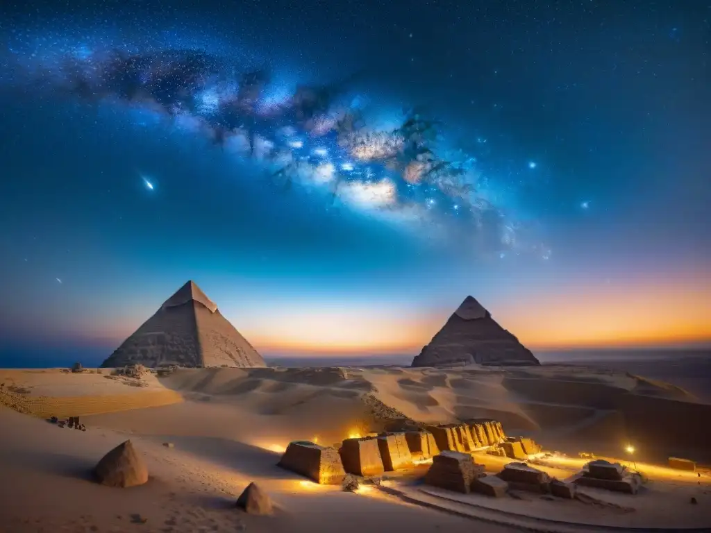 Espectacular escena de la antigua astronomía egipcia: estrellas Nilo, Orion y las pirámides de Giza bajo un cielo estrellado brillante y misterioso