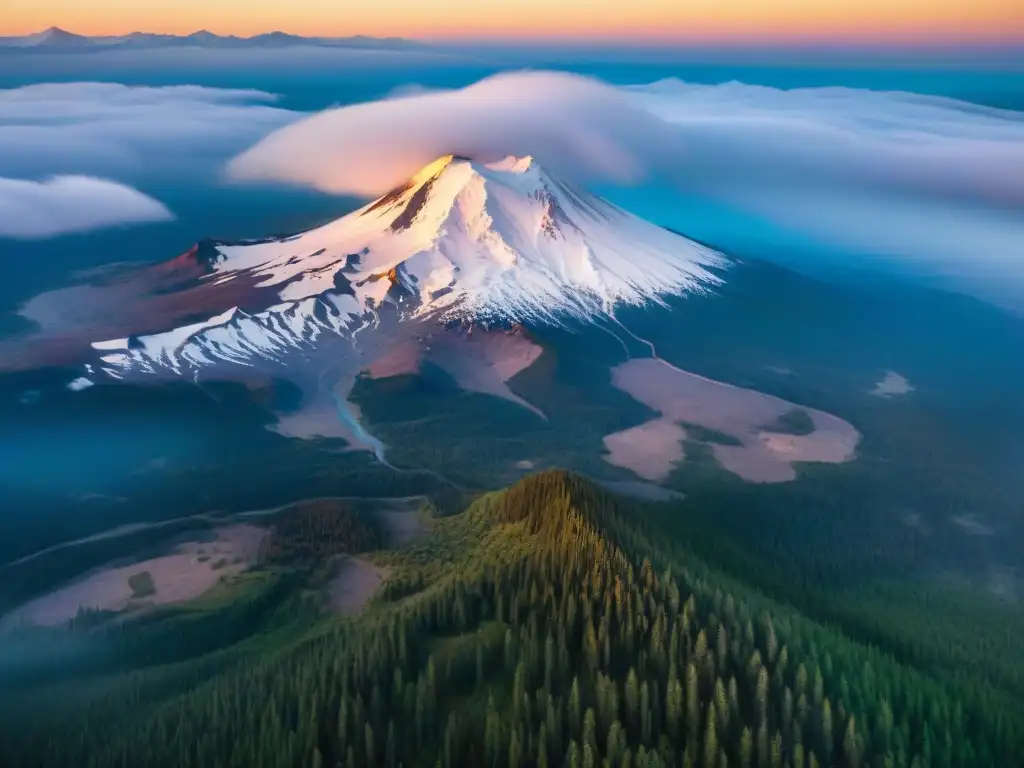 Espectacular vista aérea del majestuoso Monte Shasta envuelto en mística niebla al amanecer, revelando sus picos nevados