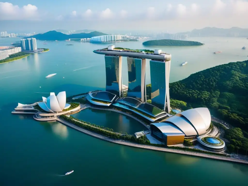 Espectacular vista aérea de Marina Bay Sands en Singapur, destacando sus torres interconectadas y su sky park con forma de barco