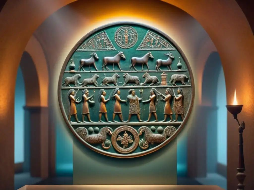Un espejo de bronce etrusco detallado muestra un ritual de adivinación con sacerdotes y símbolos misteriosos