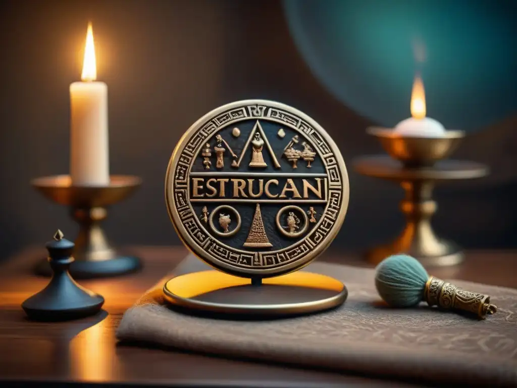 Un espejo de bronce intrincado, reflejando la luz de una vela en una cámara misteriosa llena de rituales de adivinación etruscos misterios