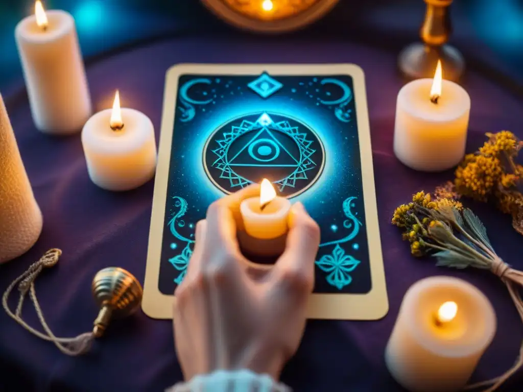 Guía espiritual con Tarot y astros: Mano colocando carta en mesa celestial iluminada por velas