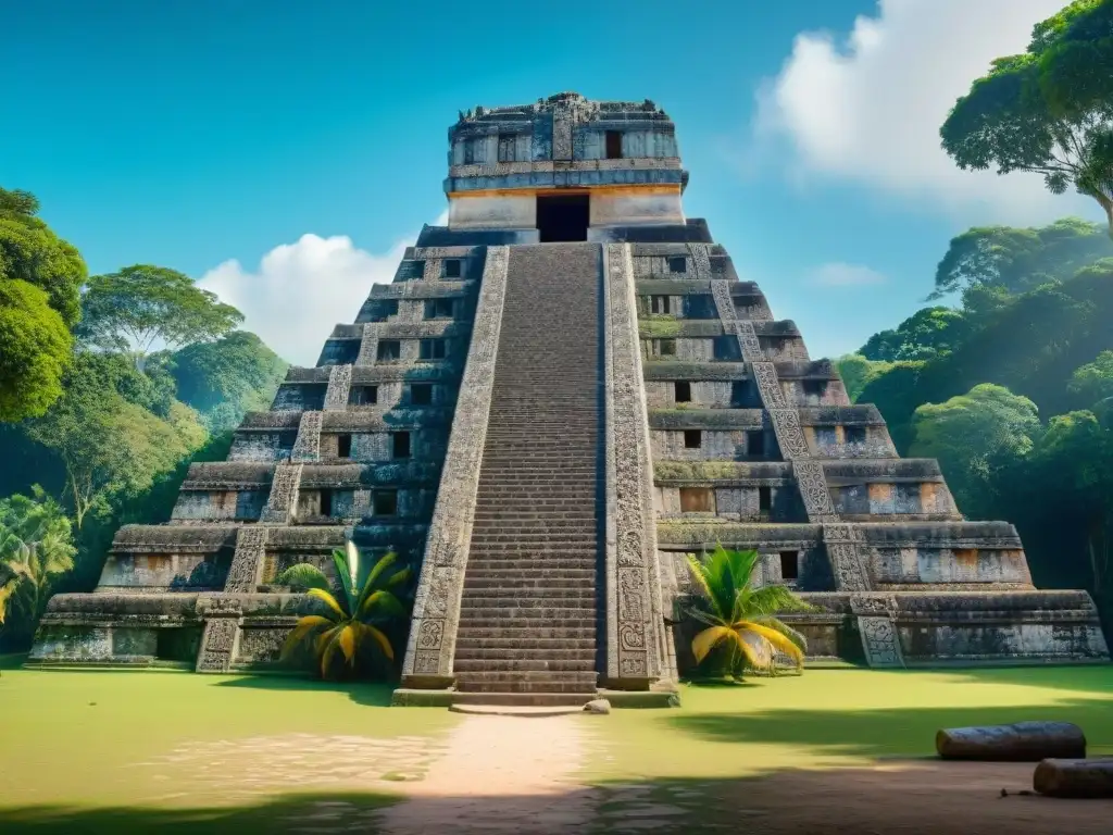 Renovación espiritual templos mayas: Equipo de arqueólogos restaurando detalladamente un templo rodeado de exuberante vegetación