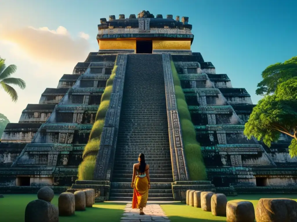 Renovación espiritual en templos mayas: imagen detallada de un templo maya bañado en luz dorada, rodeado de exuberante vegetación