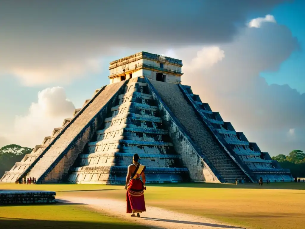 Espléndida imagen de las ruinas mayas de Chichén Itzá al atardecer, destacando la pirámide Kukulkán y las serpientes emplumadas