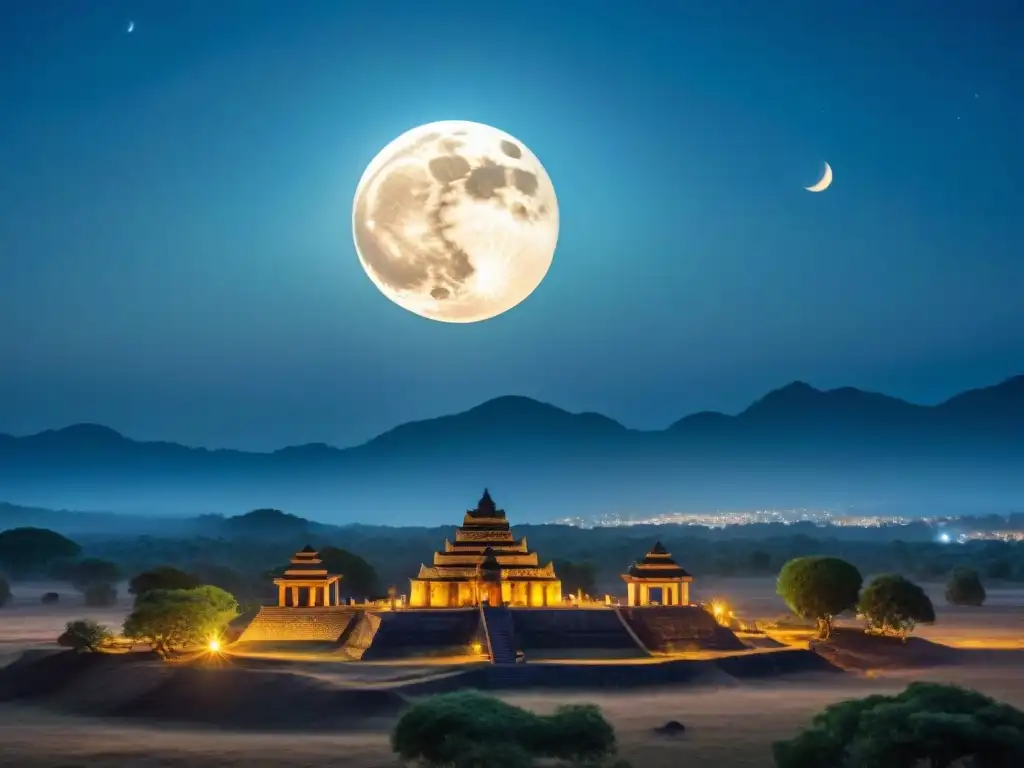 Espléndida luna llena iluminando ruinas antiguas en la noche