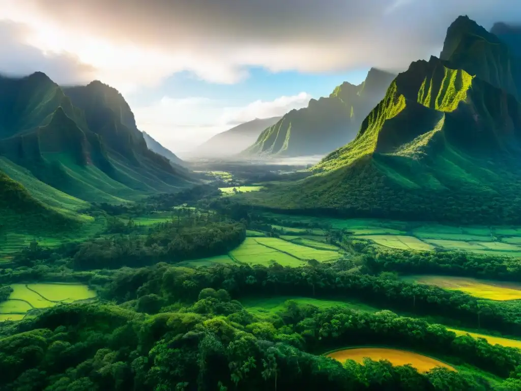 Espléndido amanecer sobre los valles verdes de Kauai, Hawai, con montañas majestuosas y río tranquilo