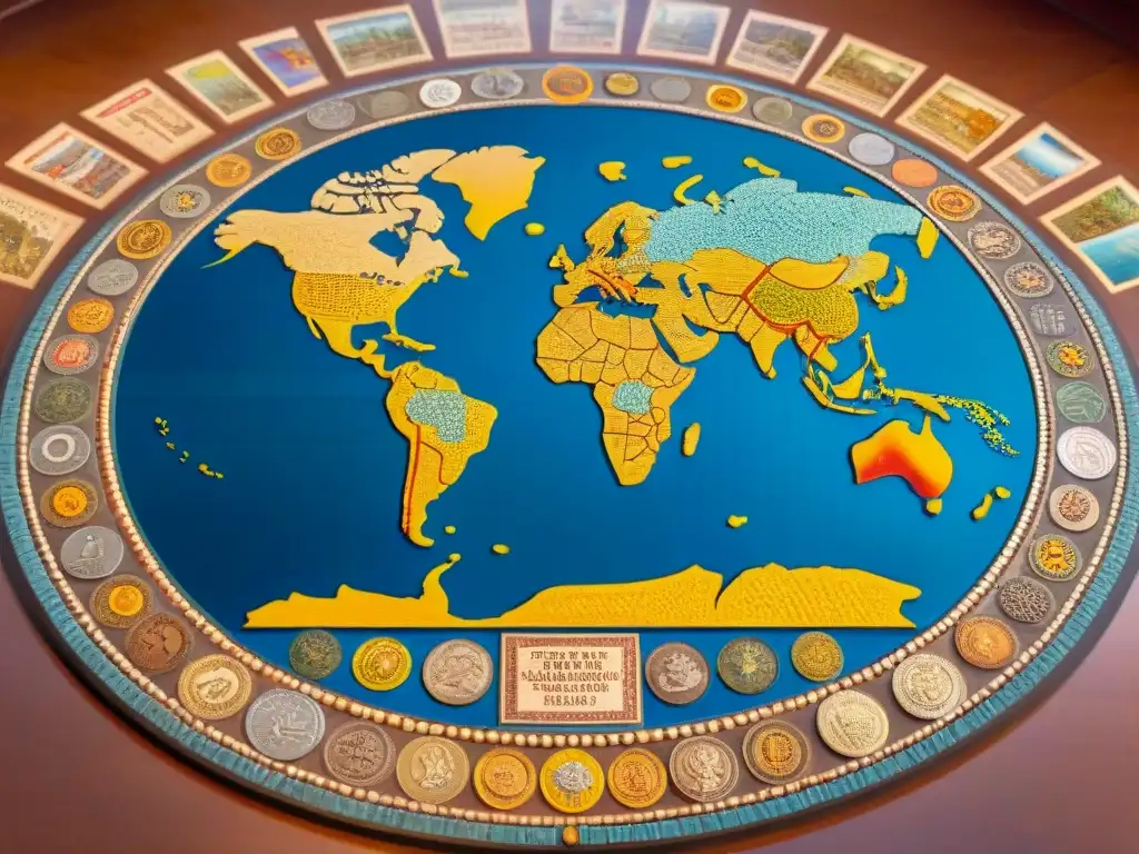 Espléndido mosaico de arte con monedas, sellos antiguos e influencias culturales en un mapa del mundo