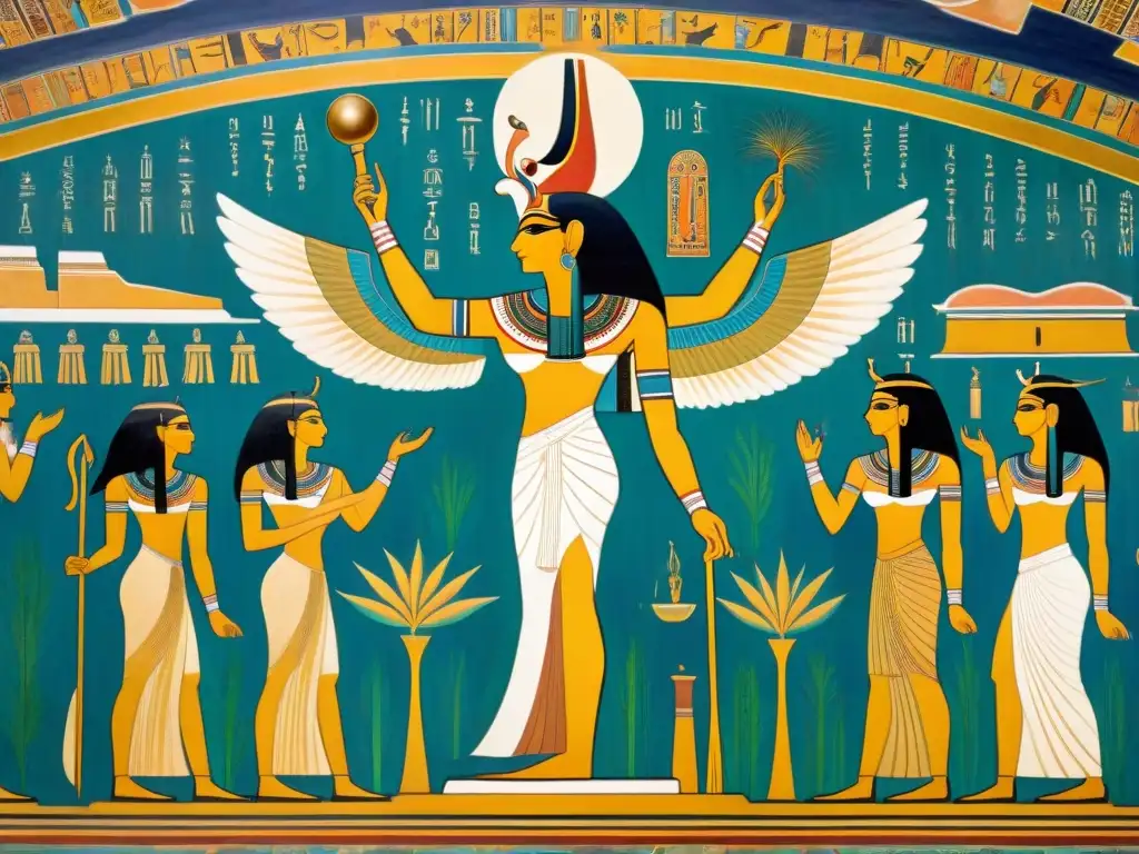 Espléndido mural egipcio de Magia en el Antiguo Egipto: la diosa Isis otorga poderes mágicos a sus devotos arrodillados