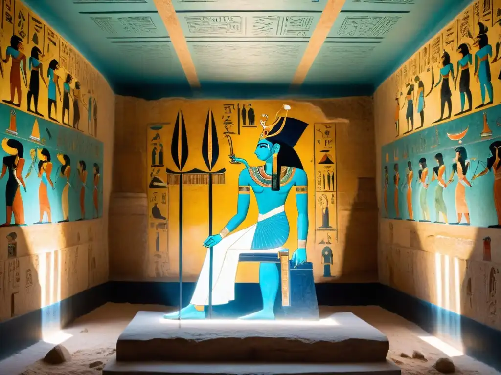 Espléndido mural egipcio de Osiris, dios de la muerte, en su trono rodeado de ofrendas, resplandeciendo sabiduría y poder en la antigua tumba