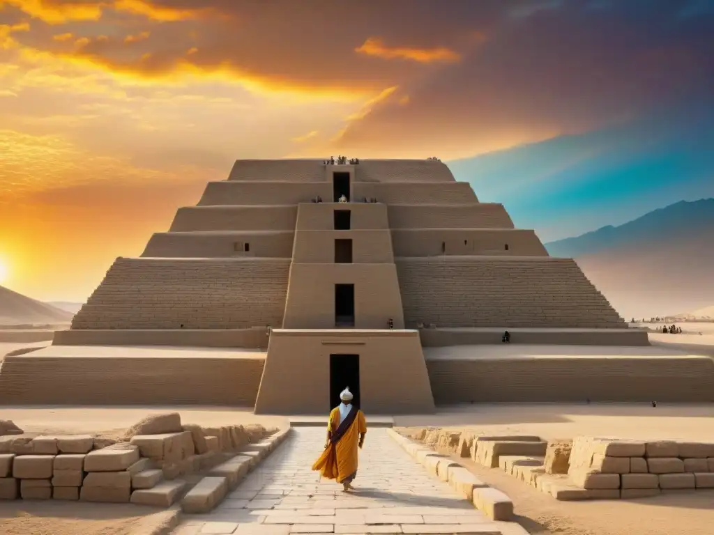 Esplendor de la arquitectura mesopotámica: la majestuosa Ziggurat en la antigua ciudad de Ur, con adoradores ascendiendo al atardecer