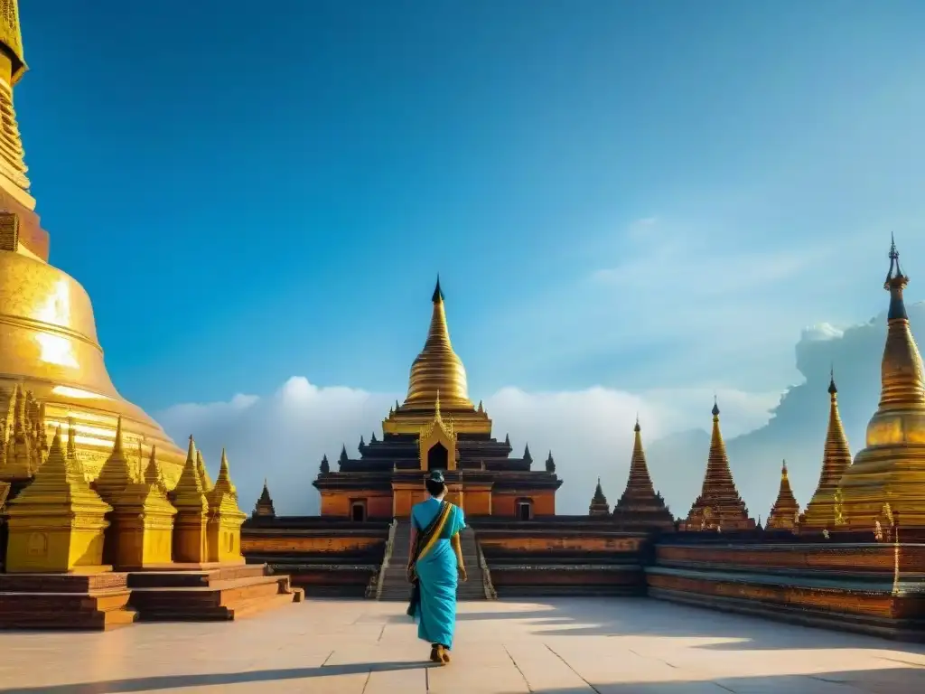 Esplendor dorado de la Pagoda Shwezigon en Bagan, Myanmar, entre incienso y devotos