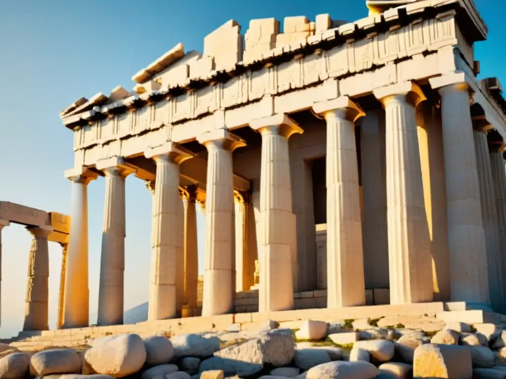 Esplendor del Partenón en Atenas, Grecia, bajo el sol mediterráneo, resaltando la influencia de la Filosofía griega en pensamiento contemporáneo