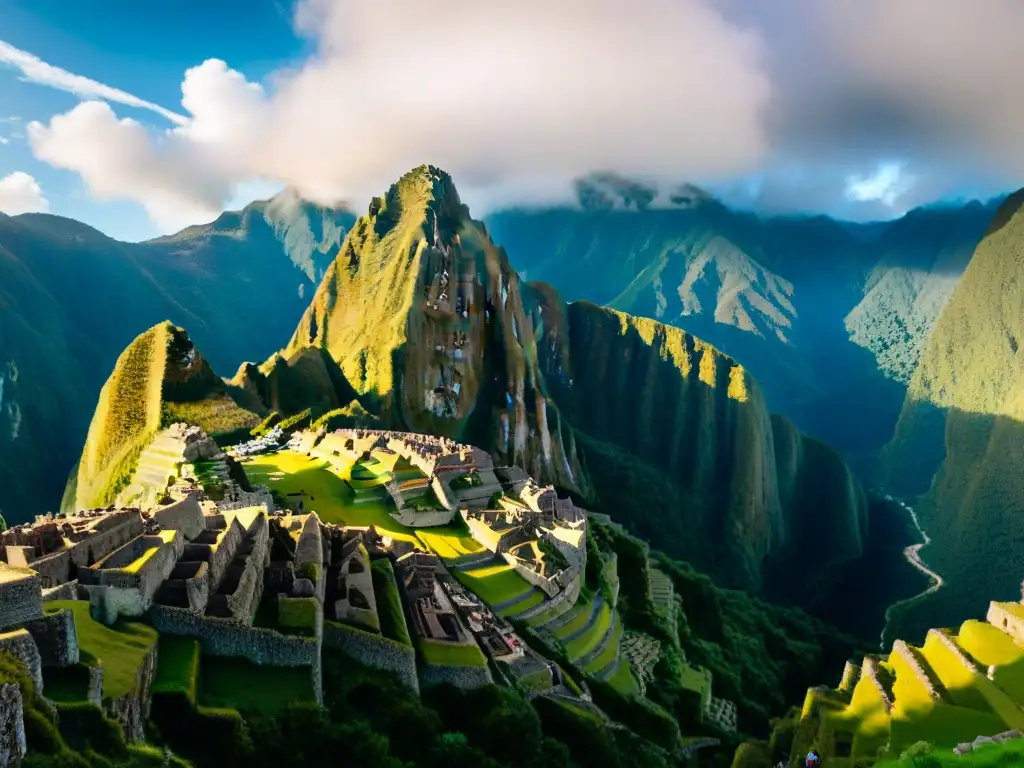 Esplendoroso amanecer en Machu Picchu, Inti Raymi Imperio Inca solsticio, resaltando la arquitectura ancestral y la conexión con la naturaleza