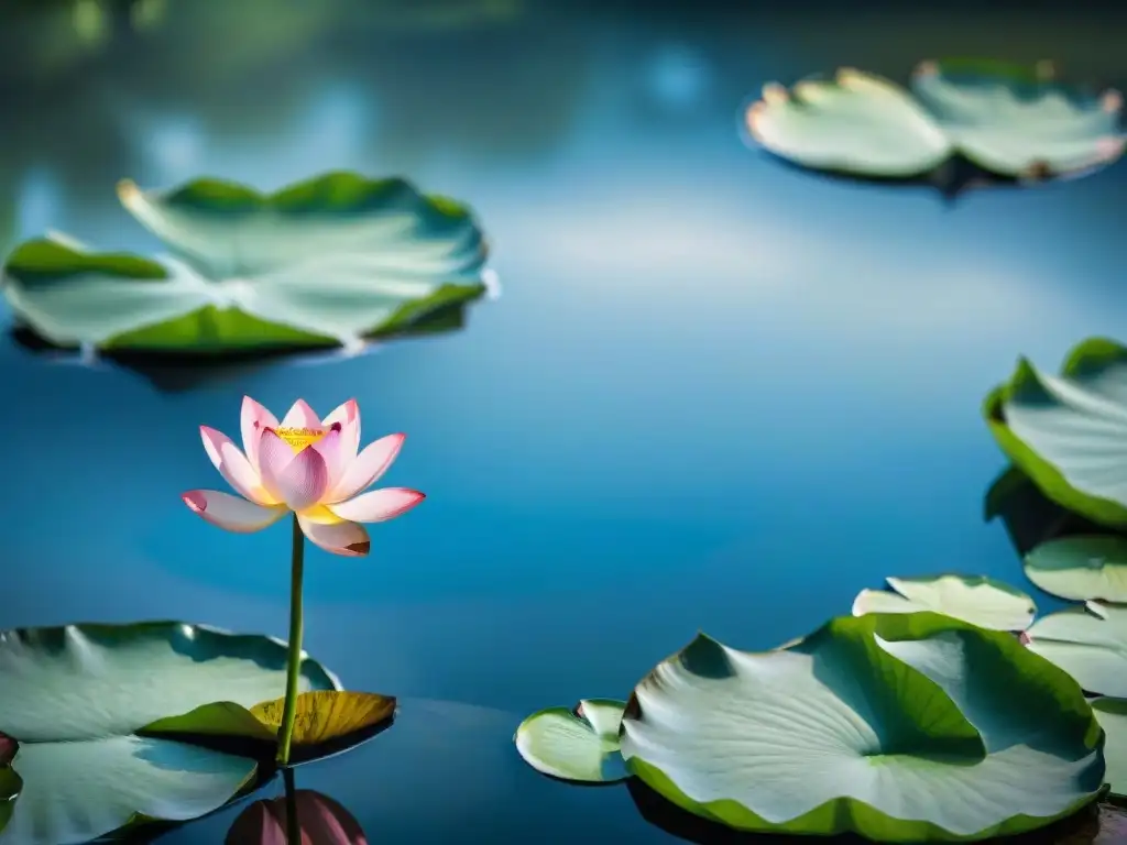 Un estanque sereno con flores de loto rosadas reflejando el cielo azul