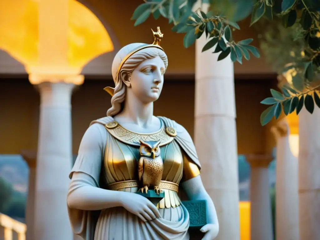 Estatua de mármol de Atenea, diosa griega de la sabiduría y la guerra, en majestuoso esplendor Estátua de mármol de Atenea con escudo y búho en hombro, rodeada de columnas griegas en suaves tonos dorados
