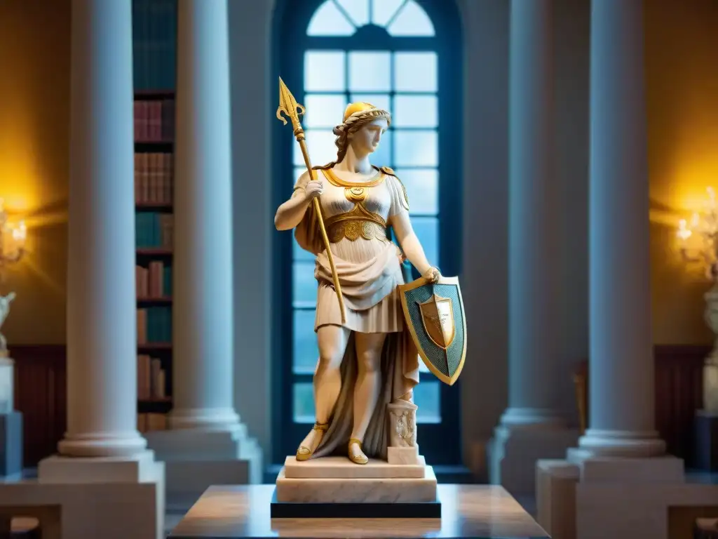 Estátua de mármol de Atenea en biblioteca dorada Una estatua de mármol de Atenea, diosa griega de la sabiduría y la guerra, en una biblioteca con decoración inspirada en dioses griegos