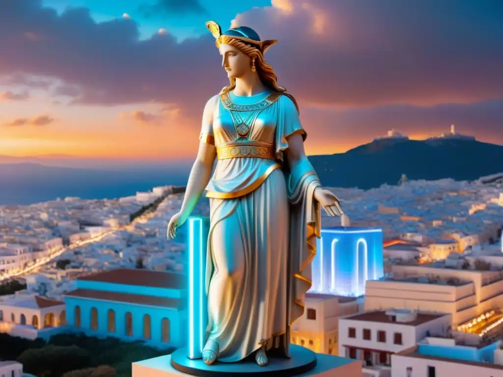 Estátua de la diosa griega Atenea en ciudad futurista, fusionando mitos griegos en era tecnológica