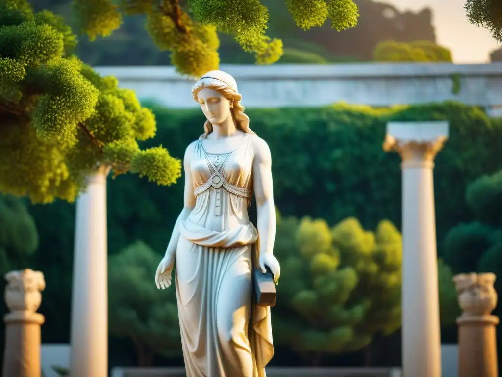 Estatua de diosa griega en mármol blanco con elementos decorativos para templo griego