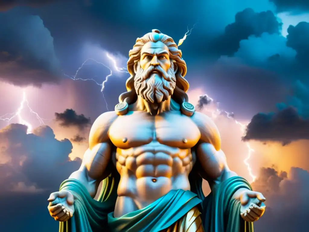 Estatua de Zeus: Majestuosidad Divina en Detalle Estátua de Zeus, rey de los dioses griegos, sobre una nube con rayos en mano