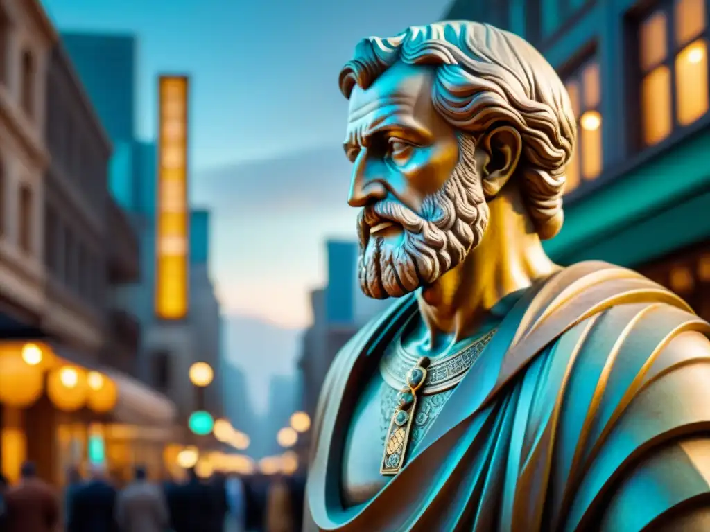 Estátua de filósofo antiguo en una calle moderna, fusionando sabiduría ancestral con la vida contemporánea