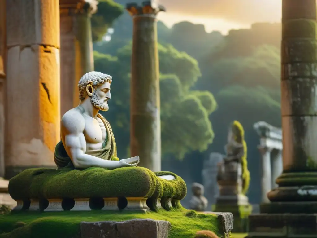Estátua de filósofo pensativo en ruinas antiguas, iluminadas por el sol