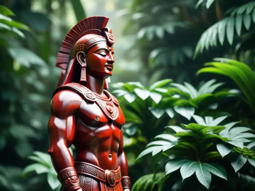 Estatua de guerrero maya esculpida en jaspe rojo, en la exuberante selva
