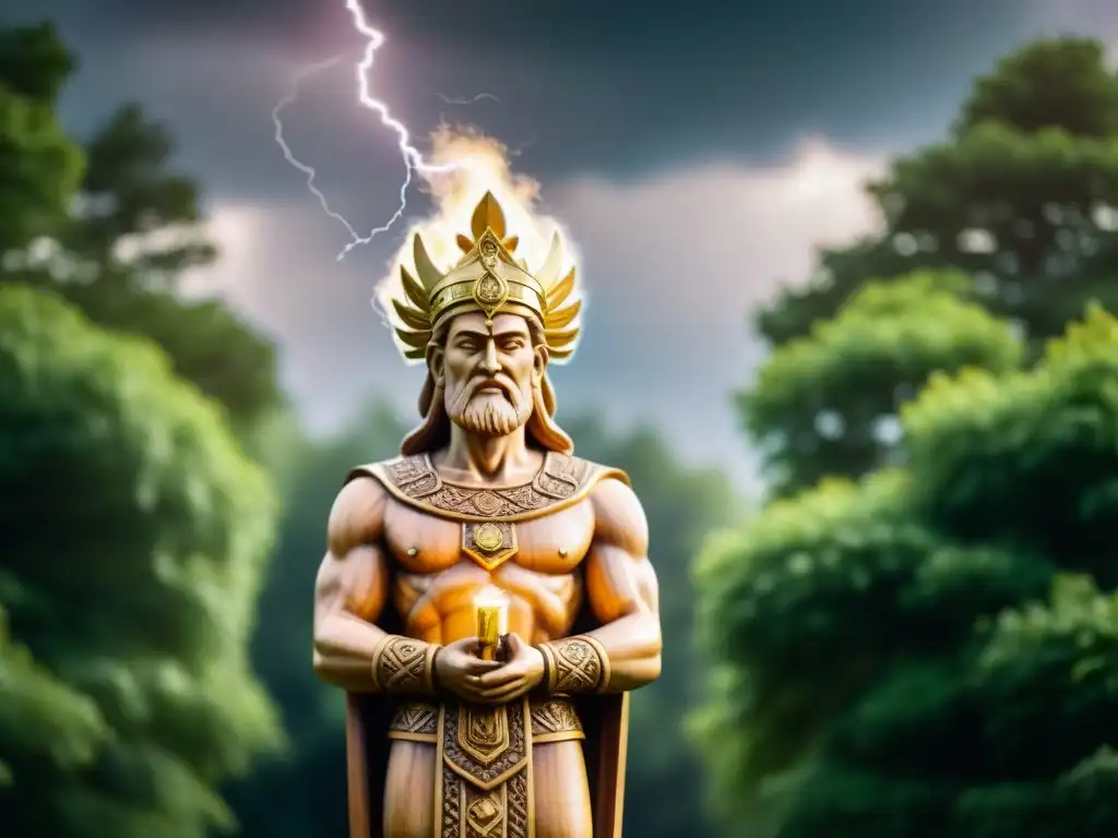 Estatua tallada de Perun, dios eslavo del trueno, en bosque místico Estatua tallada de madera del dios eslavo Perun, con expresión severa y un rayo en la mano, en un bosque verde con cielo nublado dramático