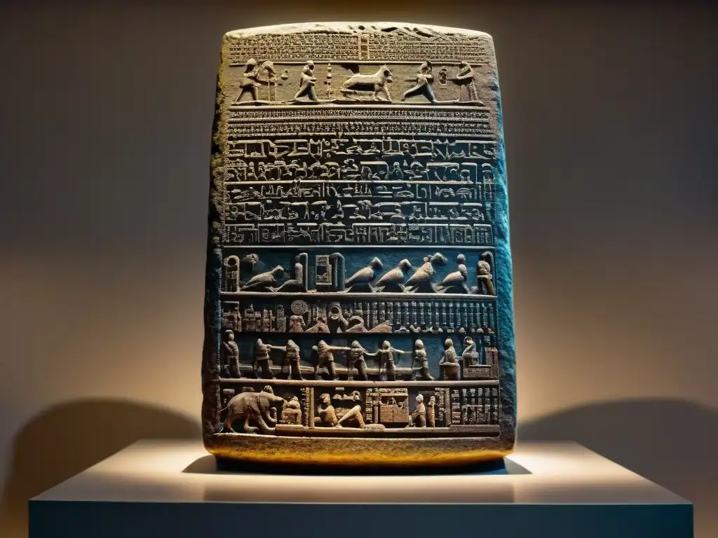 Estela de piedra detallada con la Ley de Hammurabi en Mesopotamia, escenas de vida antigua y arte en relieve, en galería iluminada