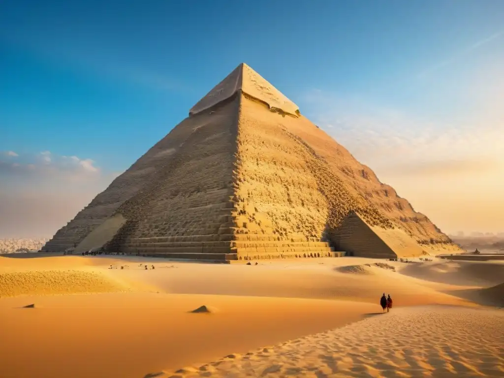 Estructuras monumentales de civilizaciones antiguas: La majestuosa Gran Pirámide de Giza bajo el cielo azul